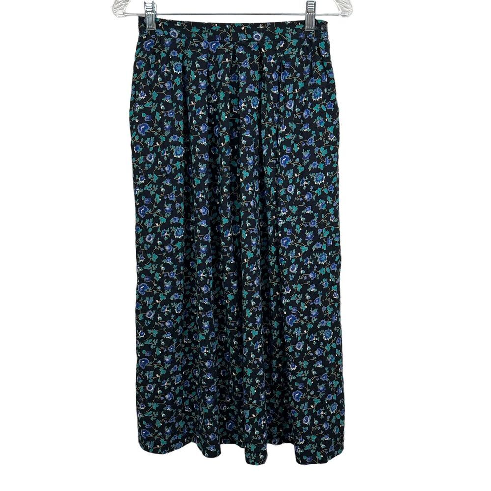 Vintage Lombardi Inc. Womens Midi Skirt Floral Pleated Elastic Waist Blue Sz 10*